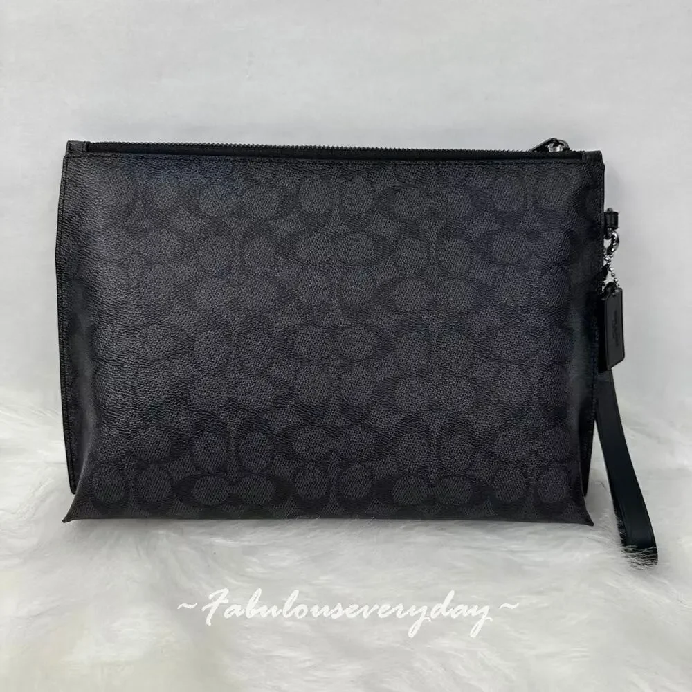 COACH Carry All Pouch In Signature Canvas CY985 Charcoal/Black $250 NWT